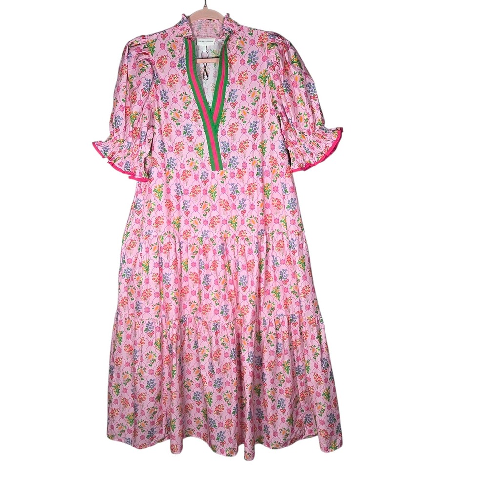 Entro NWOT Floral Midi Dress Womens Medium Pink Green Puff Sleeve Tiered V-Neck